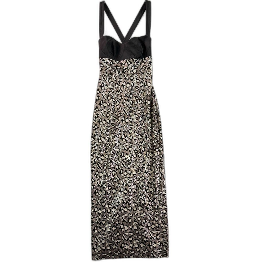 Sau Lee Gown | NWT | Animal Print Leopard Sequin Column Black Dress | Sz 4